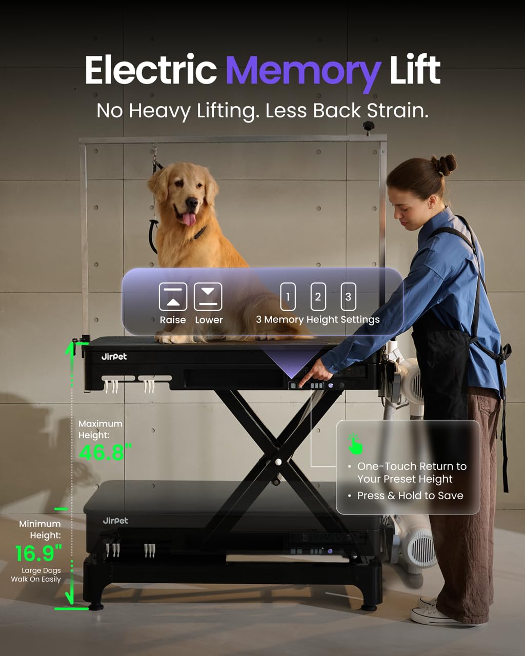 JirPet Electric Dog Grooming Table with Memory Function and Grooming Lights