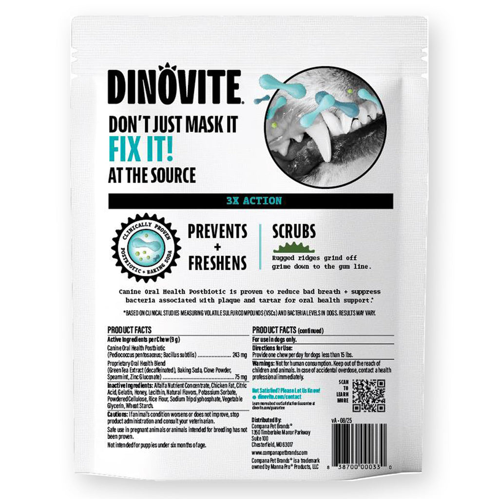 Dinovite Daily Dental Chews for Small Dogs, Freshens Breath, Mint, 30 Count