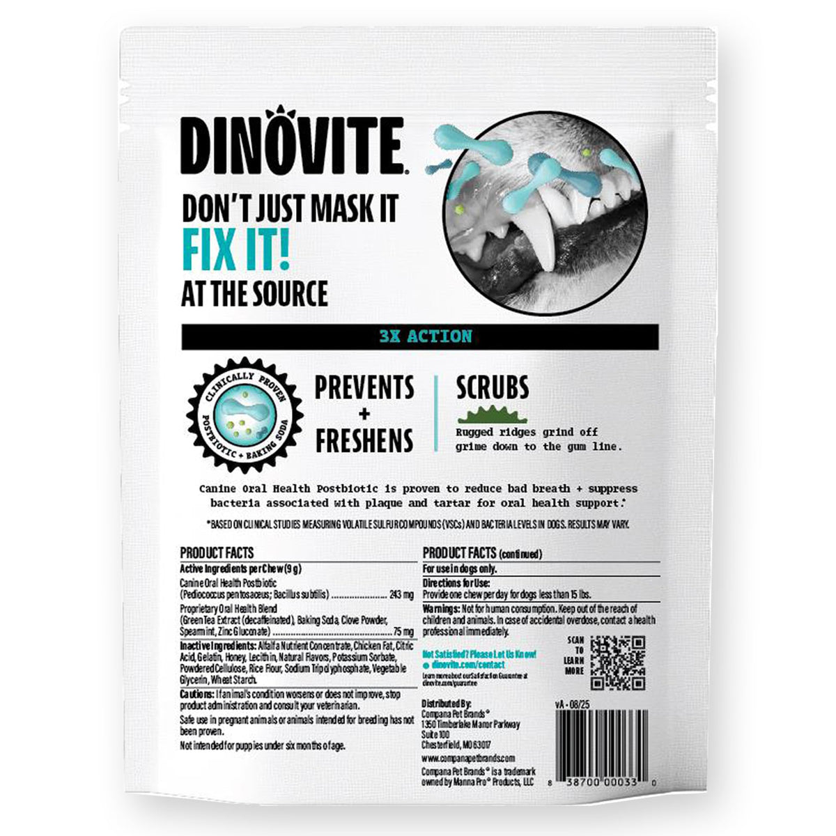 Dinovite Daily Dental Chews for Small Dogs, Freshens Breath, Mint, 30 Count