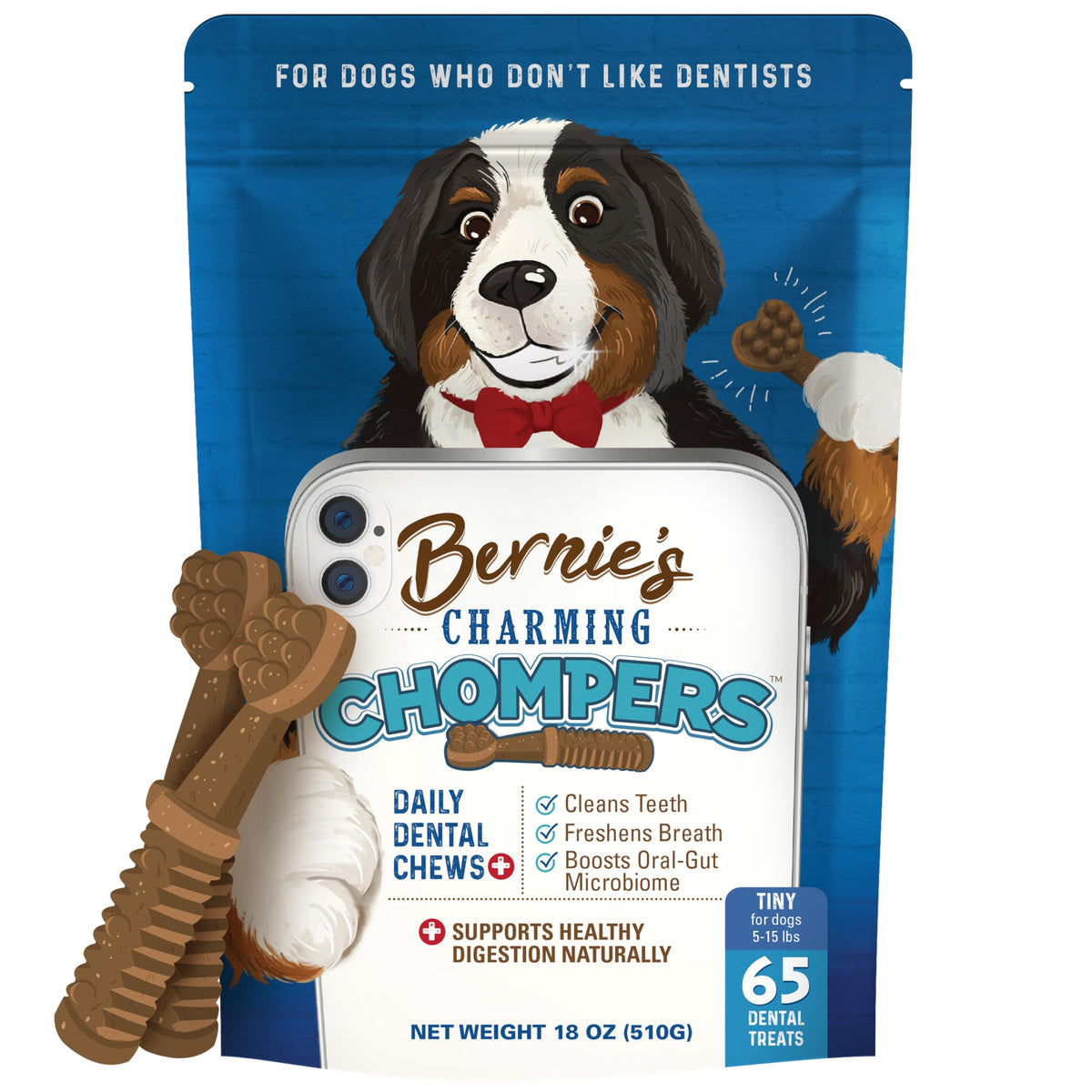 Bernie's Charming Chompers Dog Dental Chews, Gut Support, 5-15 lb, 22 Ct