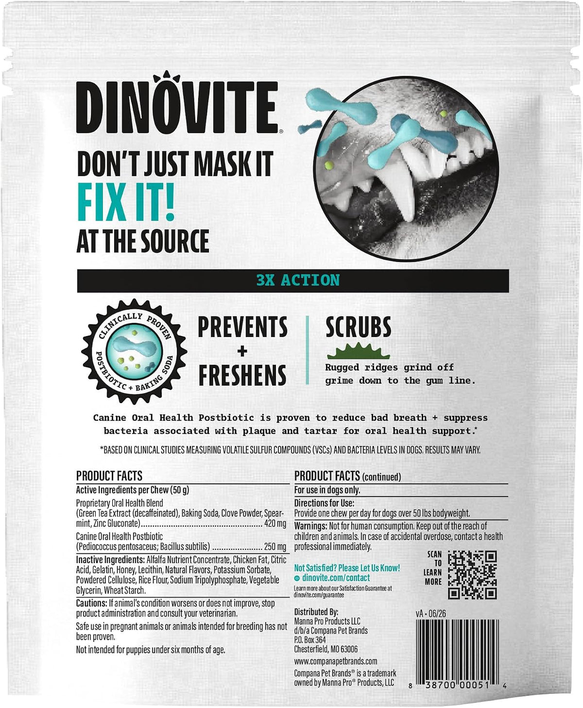 Dinovite Daily Dental Chews for Small Dogs, Freshens Breath, Mint, 30 Count