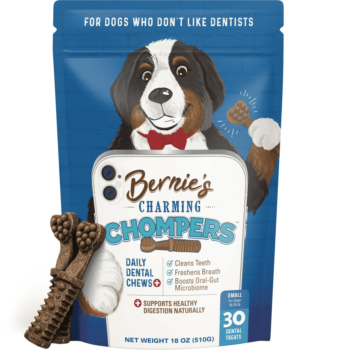 Bernie's Charming Chompers Dog Dental Chews, Gut Support, 5-15 lb, 22 Ct