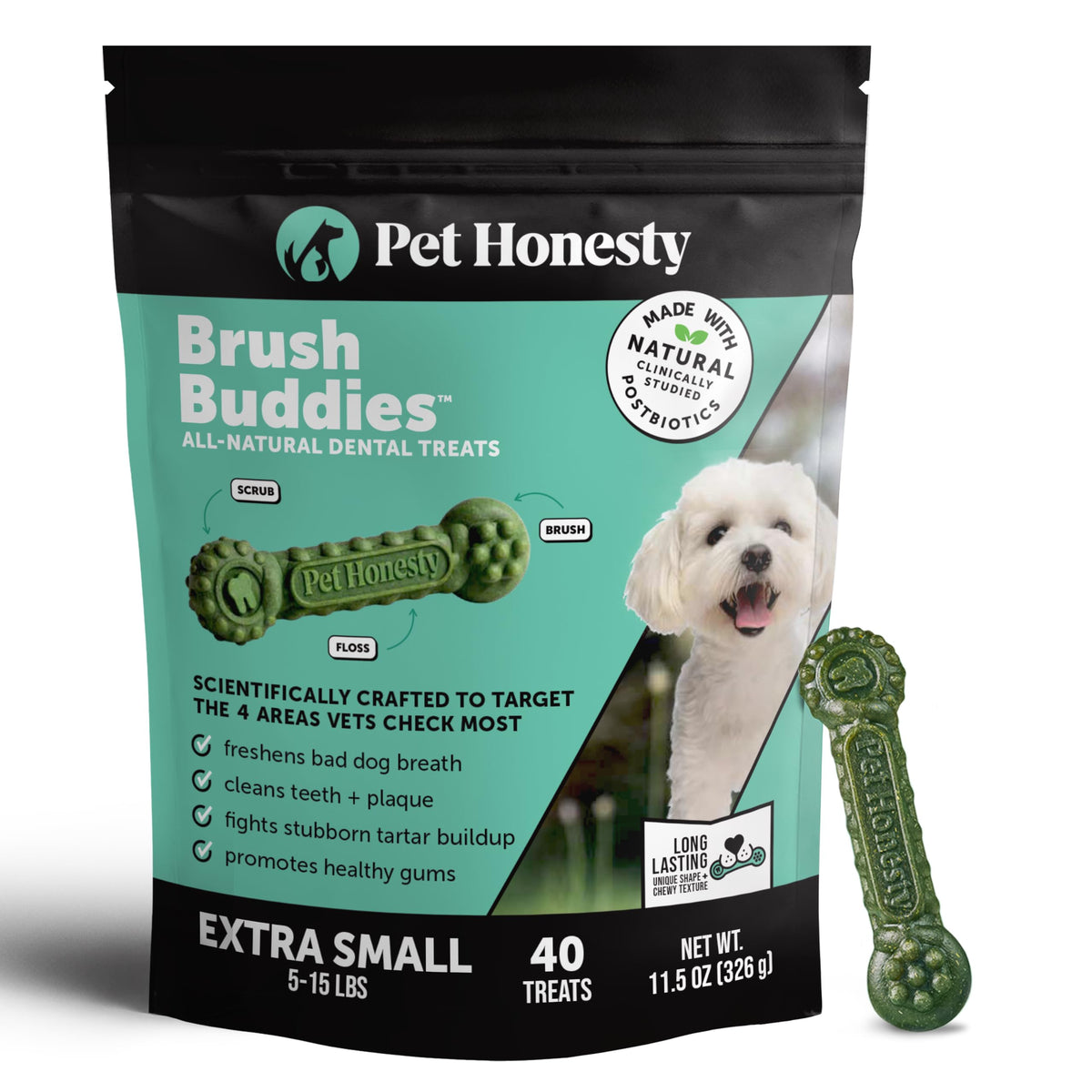 Pet Honesty Brush Buddies Vet Backed Dog Dental Chews, 15 Count