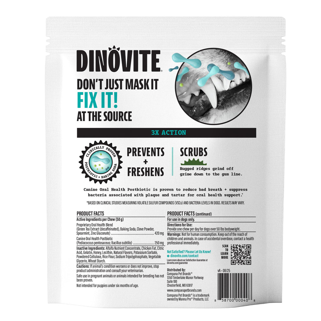 Dinovite Daily Dental Chews for Small Dogs, Freshens Breath, Mint, 30 Count