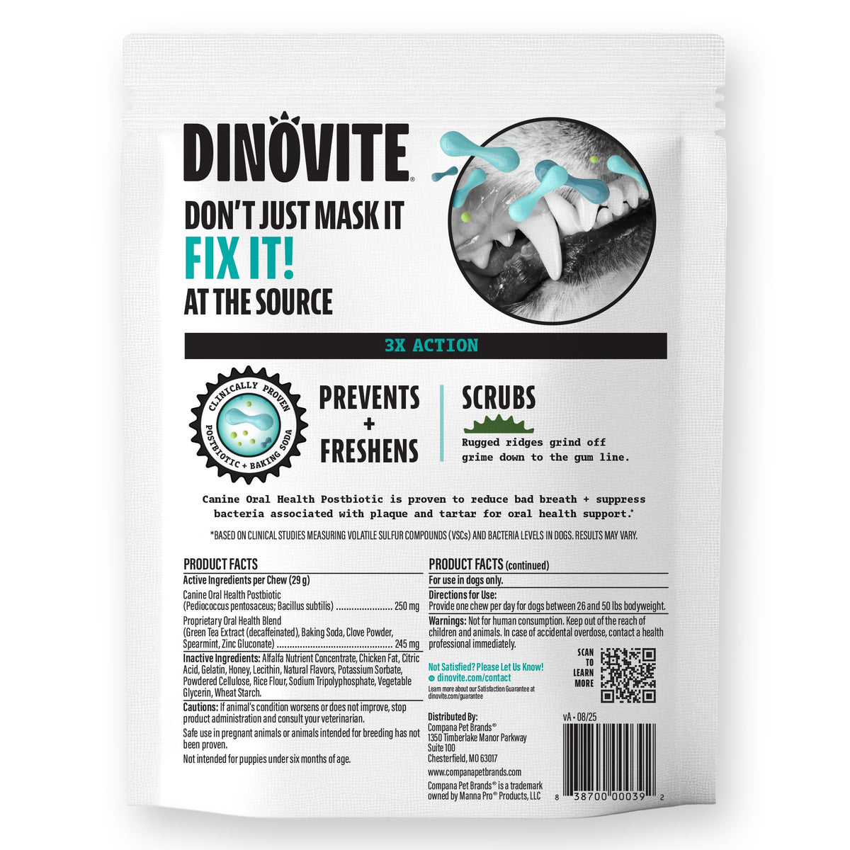 Dinovite Daily Dental Chews for Small Dogs, Freshens Breath, Mint, 30 Count