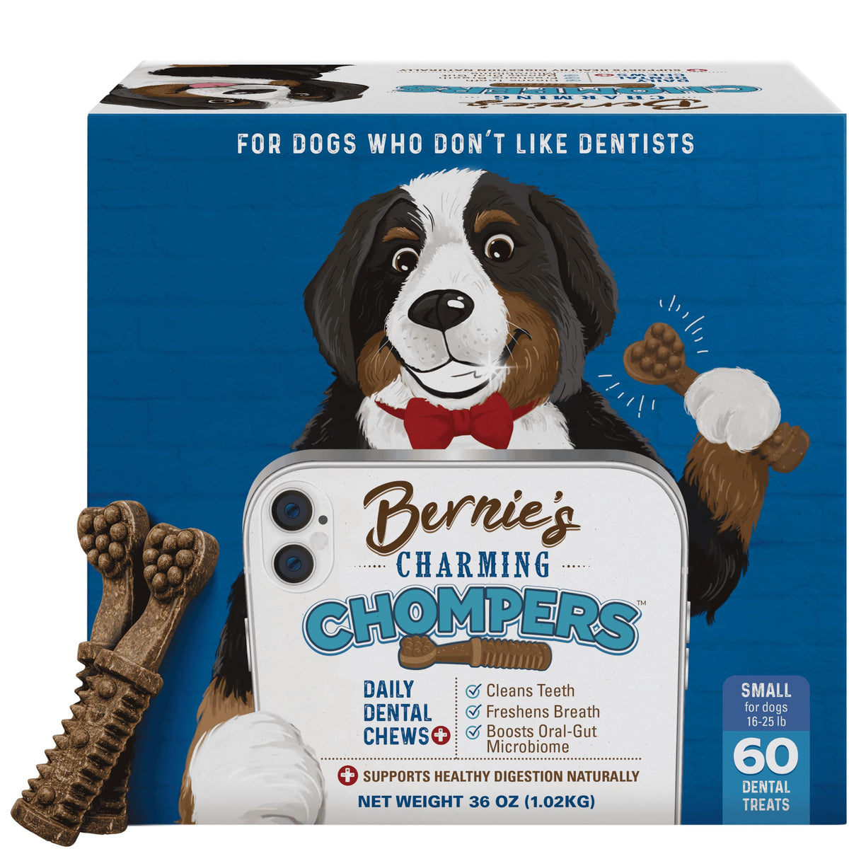 Bernie's Charming Chompers Dog Dental Chews, Gut Support, 5-15 lb, 22 Ct