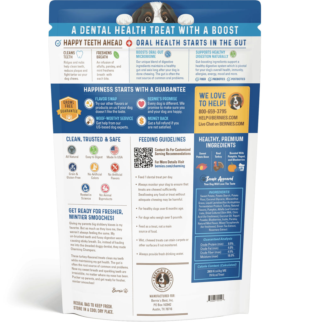 Bernie's Charming Chompers Dog Dental Chews, Gut Support, 5-15 lb, 22 Ct