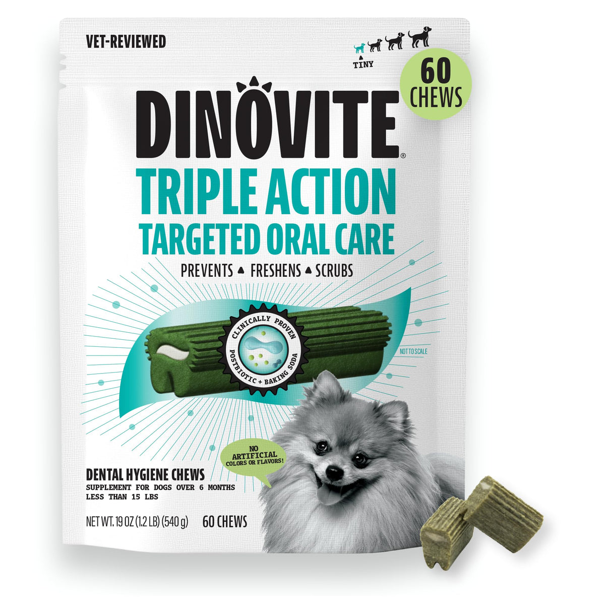 Dinovite Daily Dental Chews for Small Dogs, Freshens Breath, Mint, 30 Count