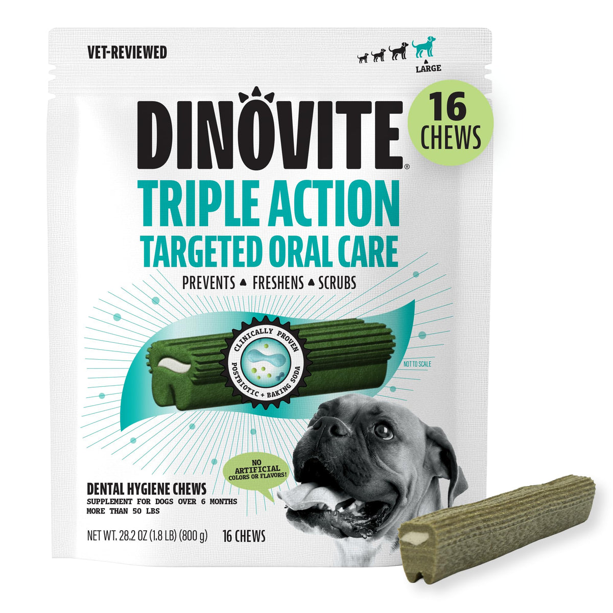 Dinovite Daily Dental Chews for Small Dogs, Freshens Breath, Mint, 30 Count