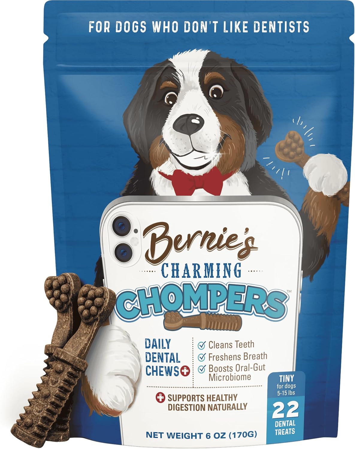 Bernie's Charming Chompers Dog Dental Chews, Gut Support, 5-15 lb, 22 Ct