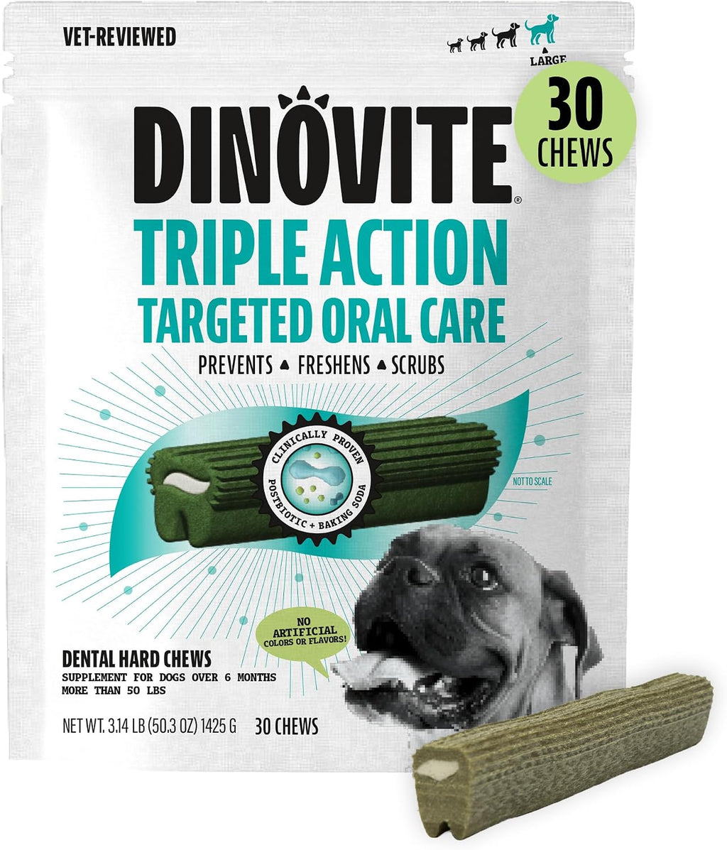 Dinovite Daily Dental Chews for Small Dogs, Freshens Breath, Mint, 30 Count