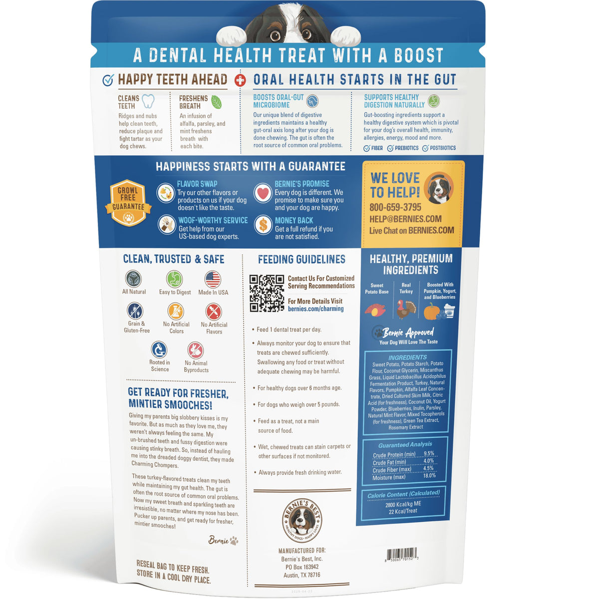 Bernie's Charming Chompers Dog Dental Chews, Gut Support, 5-15 lb, 22 Ct