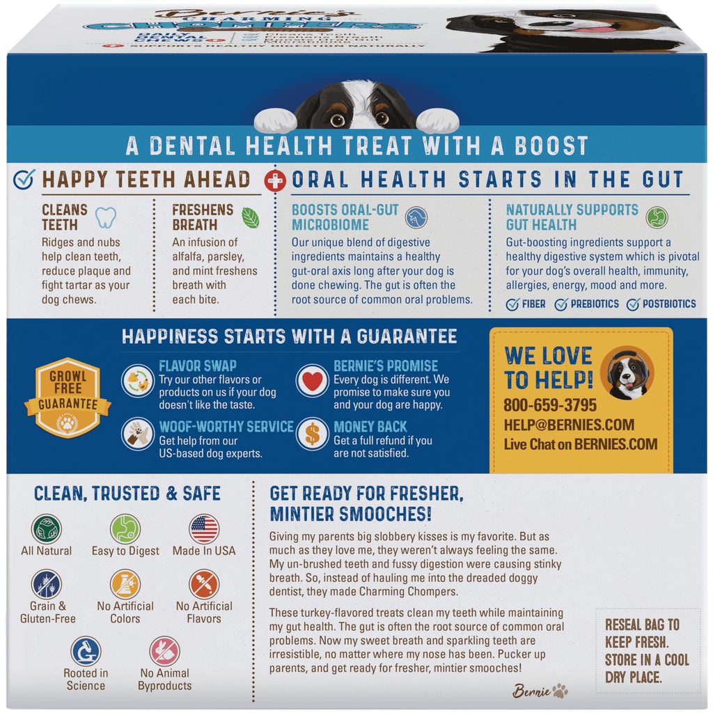 Bernie's Charming Chompers Dog Dental Chews, Gut Support, 5-15 lb, 22 Ct