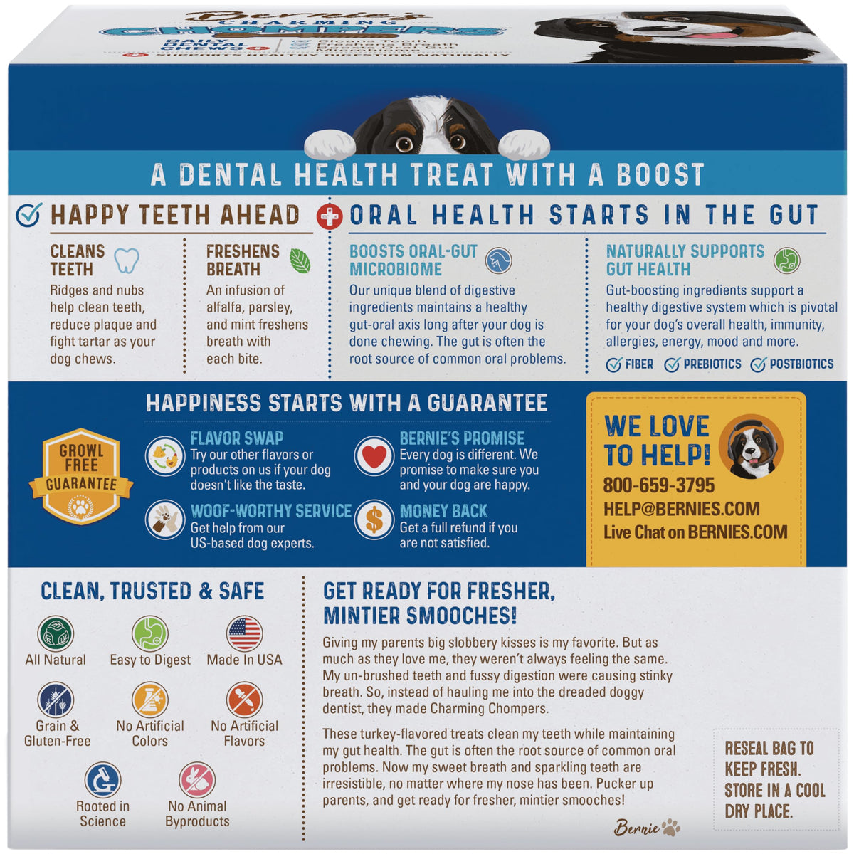 Bernie's Charming Chompers Dog Dental Chews, Gut Support, 5-15 lb, 22 Ct
