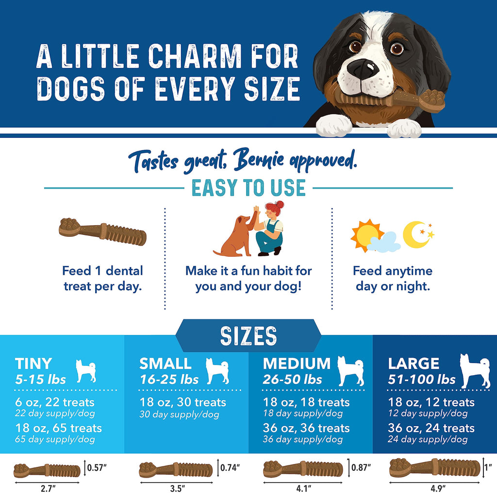 Bernie's Charming Chompers Dog Dental Chews, Gut Support, 5-15 lb, 22 Ct